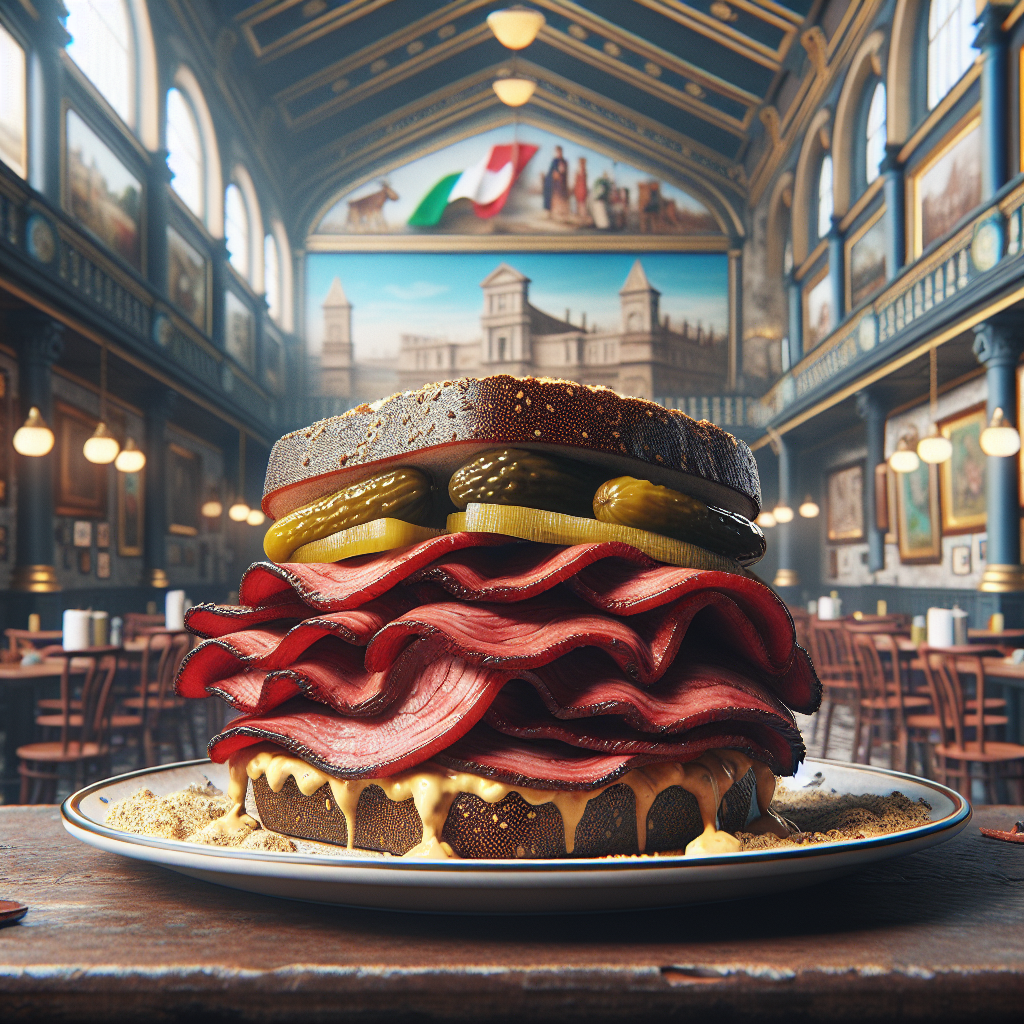 A beautifully plated pastrami sandwich with mustard and pickles, showcasing the rich flavors of authentic Italian street food.