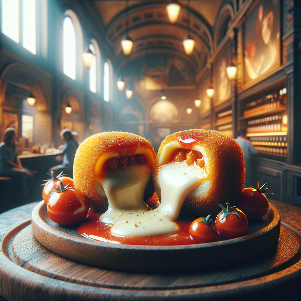Fried Supplì Cacio e Pepe with a golden crust and creamy cheese filling, served on a rustic plate.