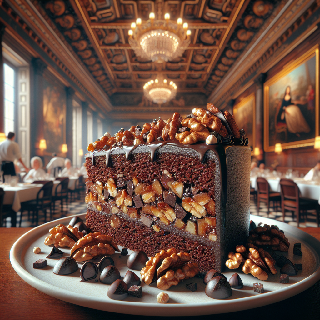 A slice of walnut and chocolate cake served on a plate.