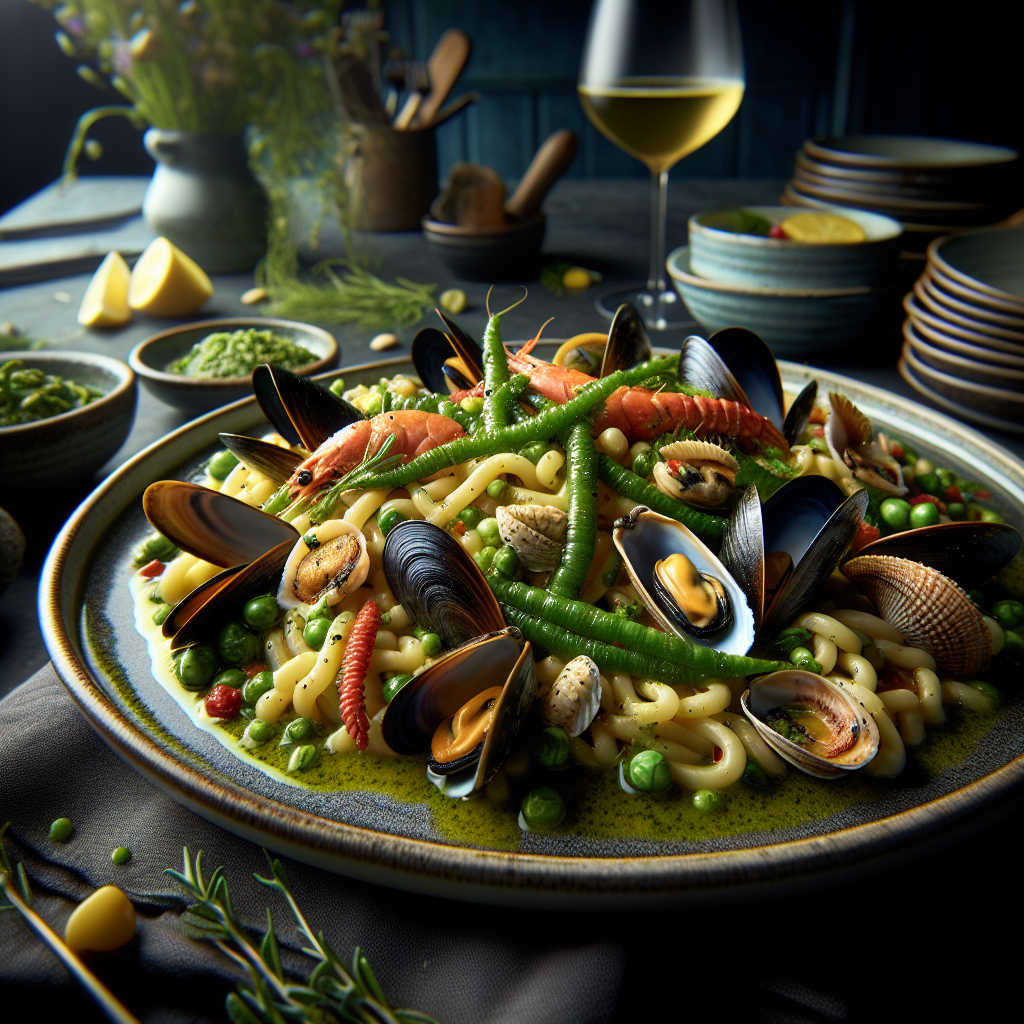 A plate of fregola with fresh seafood and vibrant green samphire, garnished elegantly.