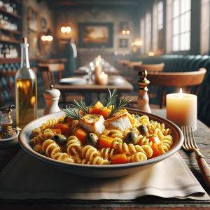 A bowl of Fusilloni with creamy pumpkin sauce, cod, and olives garnished with fresh rosemary.