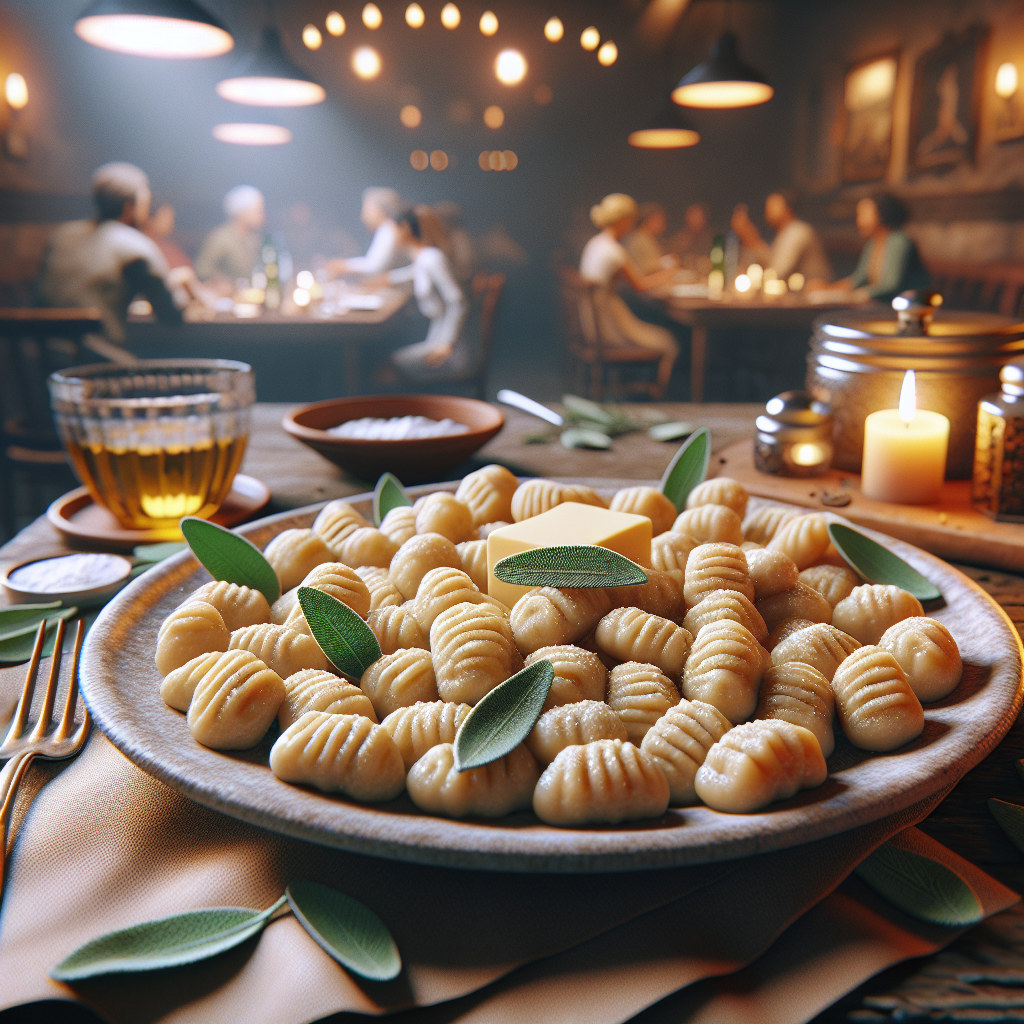 A plate of gluten-free chestnut gnocchi garnished with sage and butter, showcasing a delicious Italian dish.