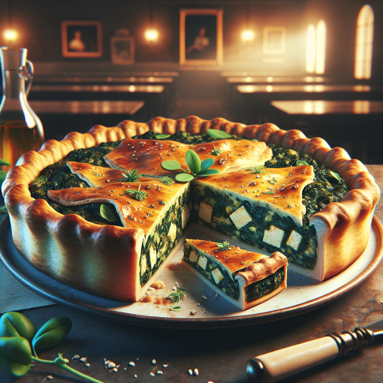A gluten-free spinach and tofu savory pie, slice served on a plate with fresh herbs.