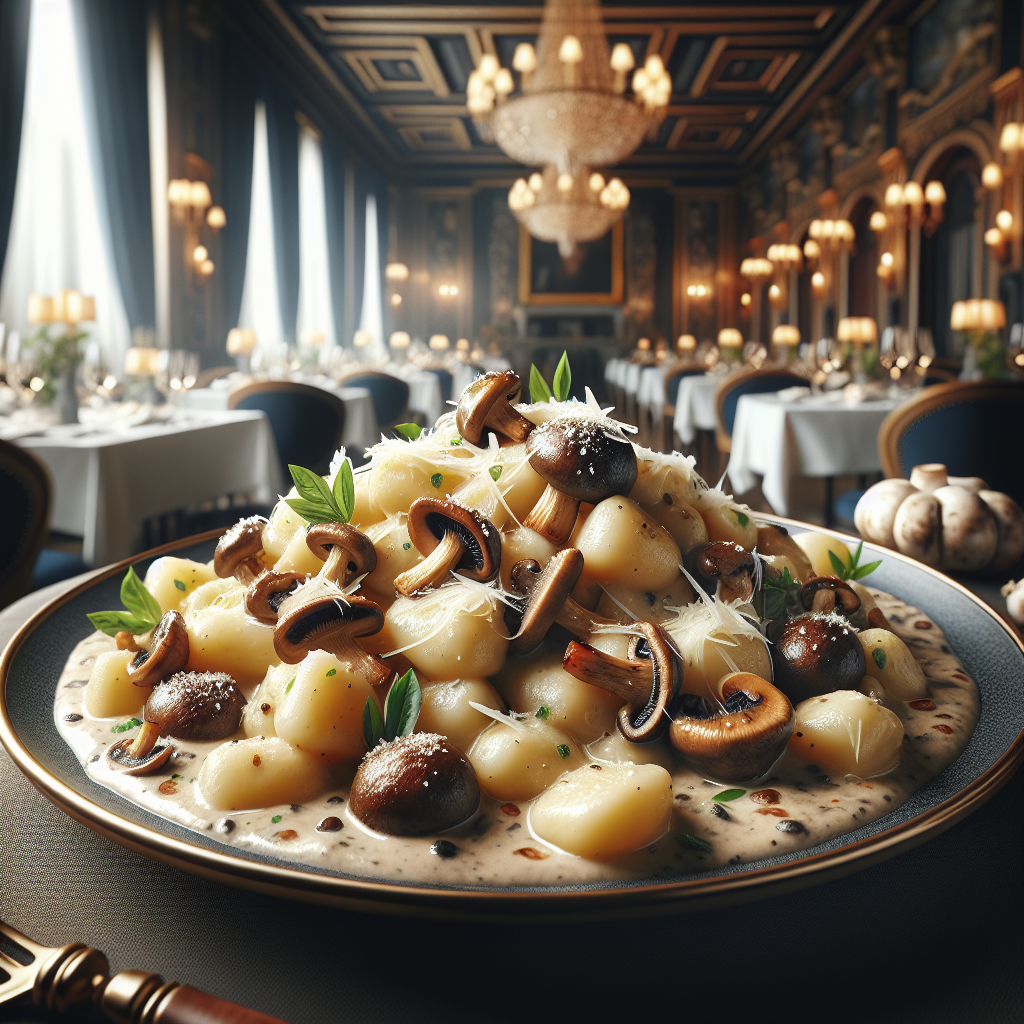 A delicious plate of Gnocchi with Mushrooms and Provola garnished elegantly.
