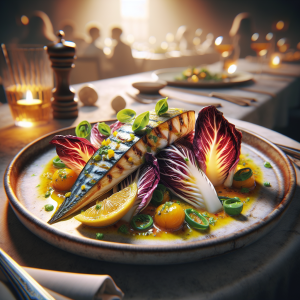 Grilled mackerel topped with vibrant citrus sauce, served alongside sautéed radicchio.