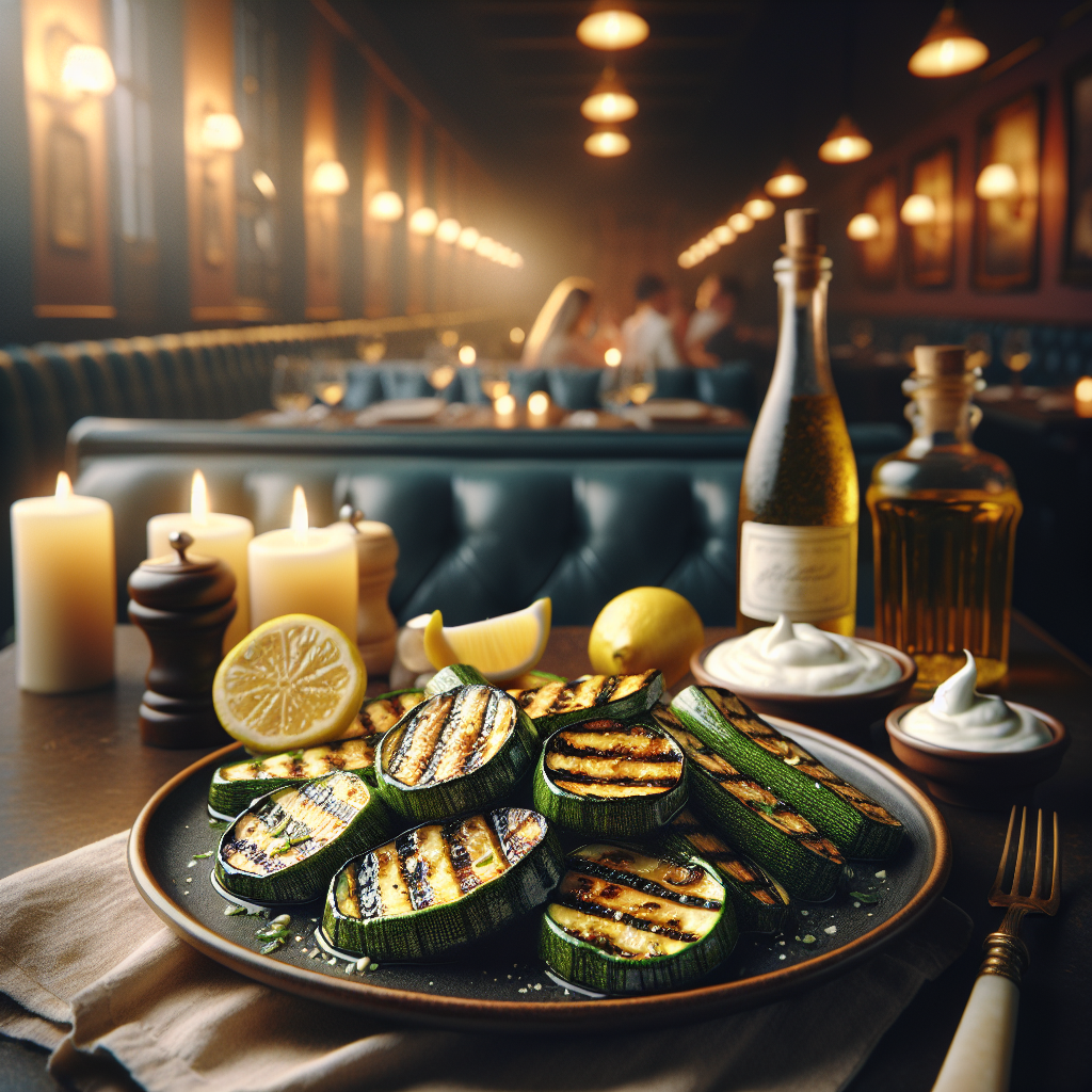 Grilled zucchini garnished with lemon and yogurt sauce on a plate.