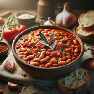 A bowl of stewed beans with fresh herbs and bread, showcasing a classic Italian comfort food dish.