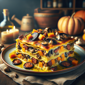 A delicious serving of lasagna layered with porcini mushrooms, pumpkin, and sausage, showcasing the savory flavors of autumn.