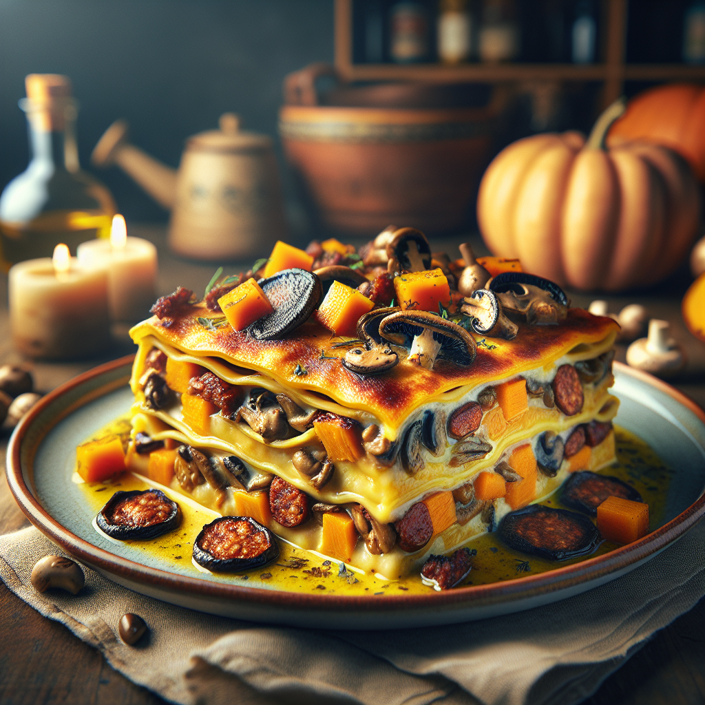 A delicious serving of lasagna layered with porcini mushrooms, pumpkin, and sausage, showcasing the savory flavors of autumn.