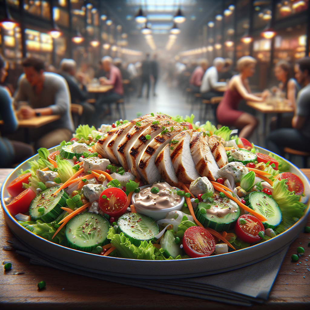 Light chicken salad featuring grilled chicken, fresh vegetables, and yogurt dressing.