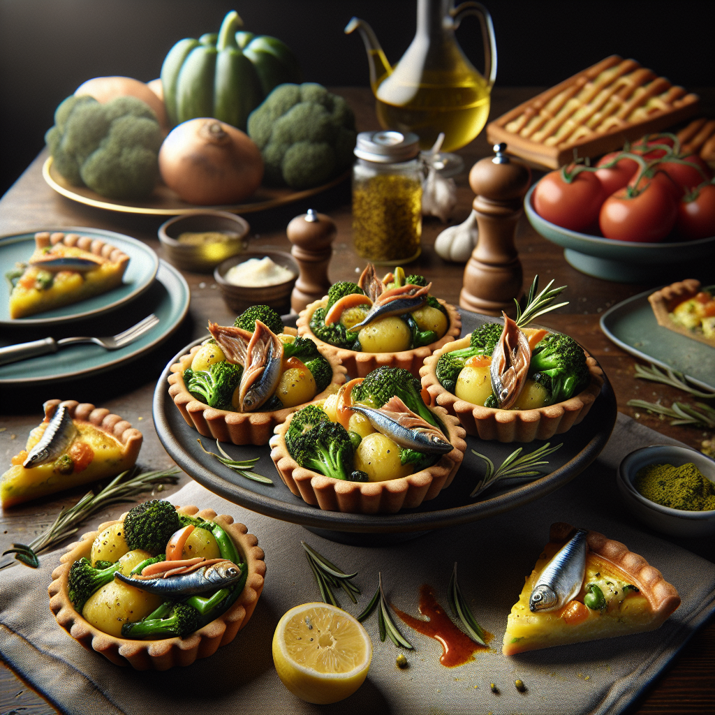 Mini tarts featuring a savory filling of potatoes and broccoli, topped with anchovies.