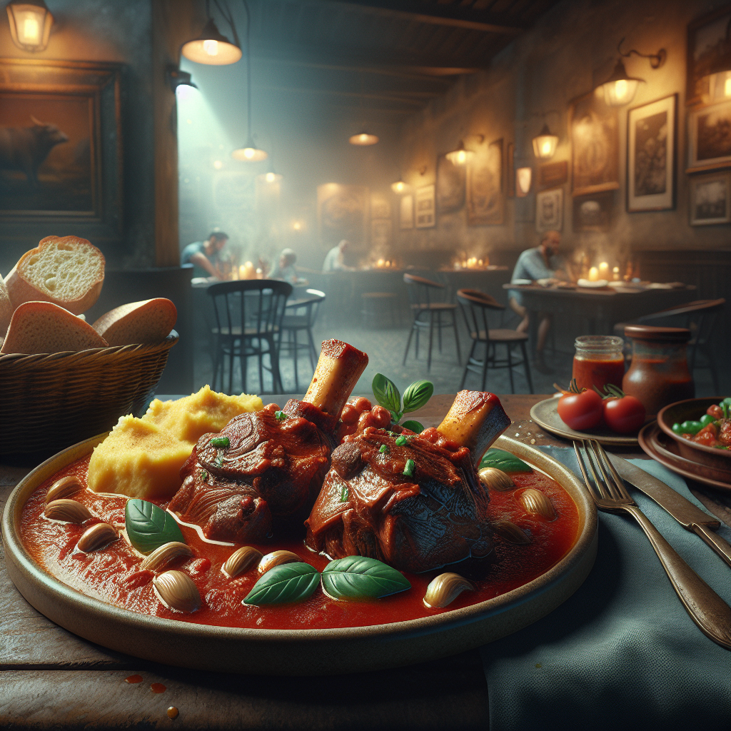 Tender Ossobuco in Umido served with a side of polenta and rustic bread.