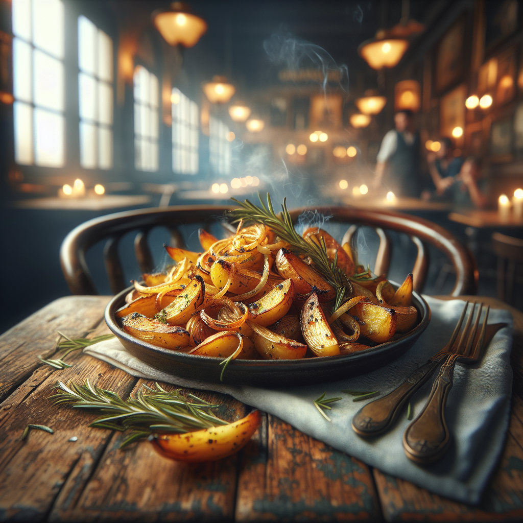 Oven-baked potatoes and onions served on a rustic wooden table.