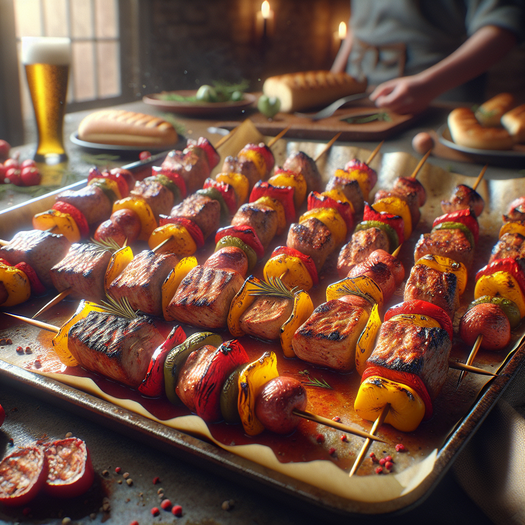 Colorful oven-baked skewers with meat and vegetables ready to be served.