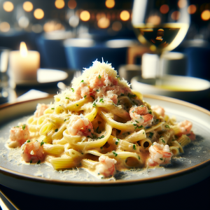 Creamy Pasta Patate e Scampi served elegantly with a garnish of scampi tartare.