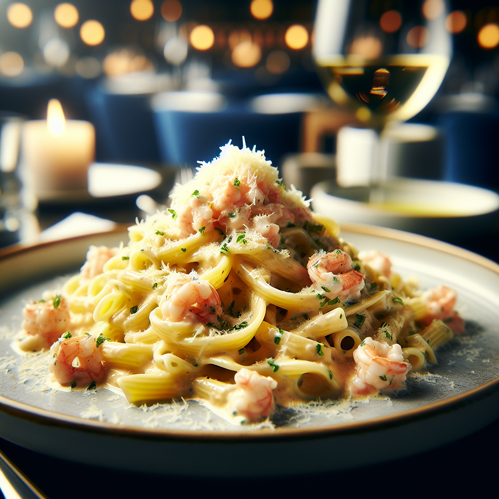 Creamy Pasta Patate e Scampi served elegantly with a garnish of scampi tartare.