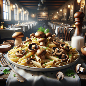 A plate of Pasta with Mushrooms, showcasing a mix of fresh mushrooms and pasta.