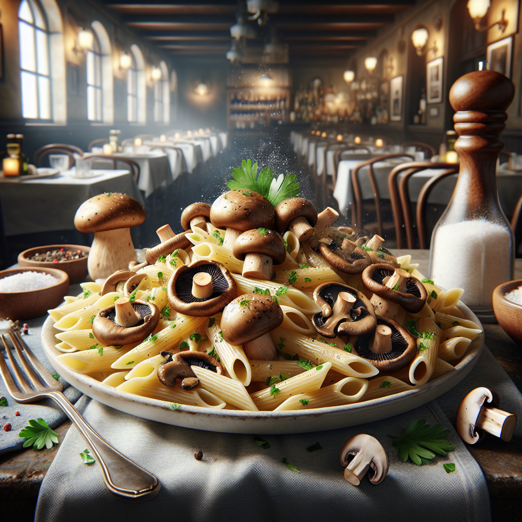 A plate of Pasta with Mushrooms, showcasing a mix of fresh mushrooms and pasta.