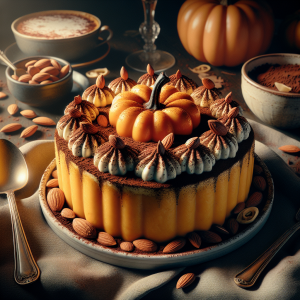 A delightful serving of Pumpkin Tiramisu topped with cocoa and caramelized almonds.