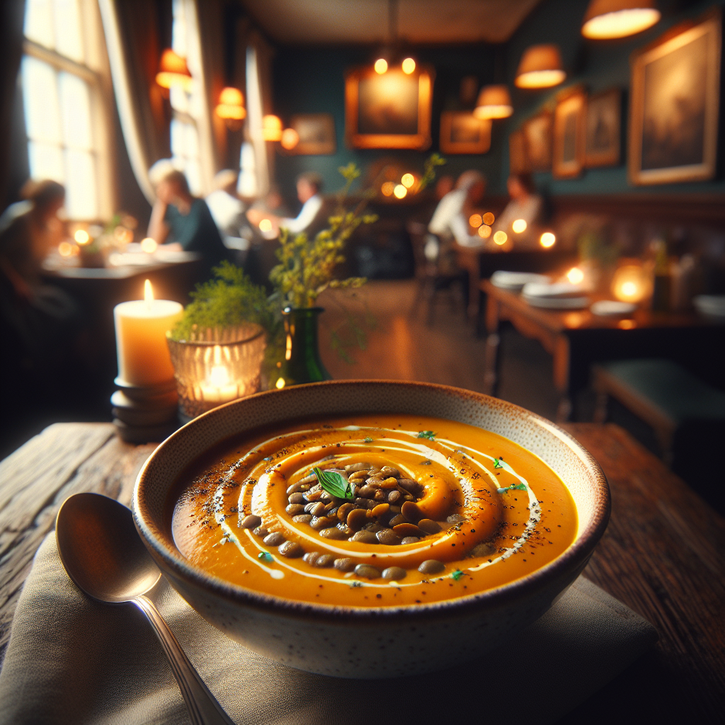 A bowl of creamy pumpkin and lentil soup garnished with fresh herbs.