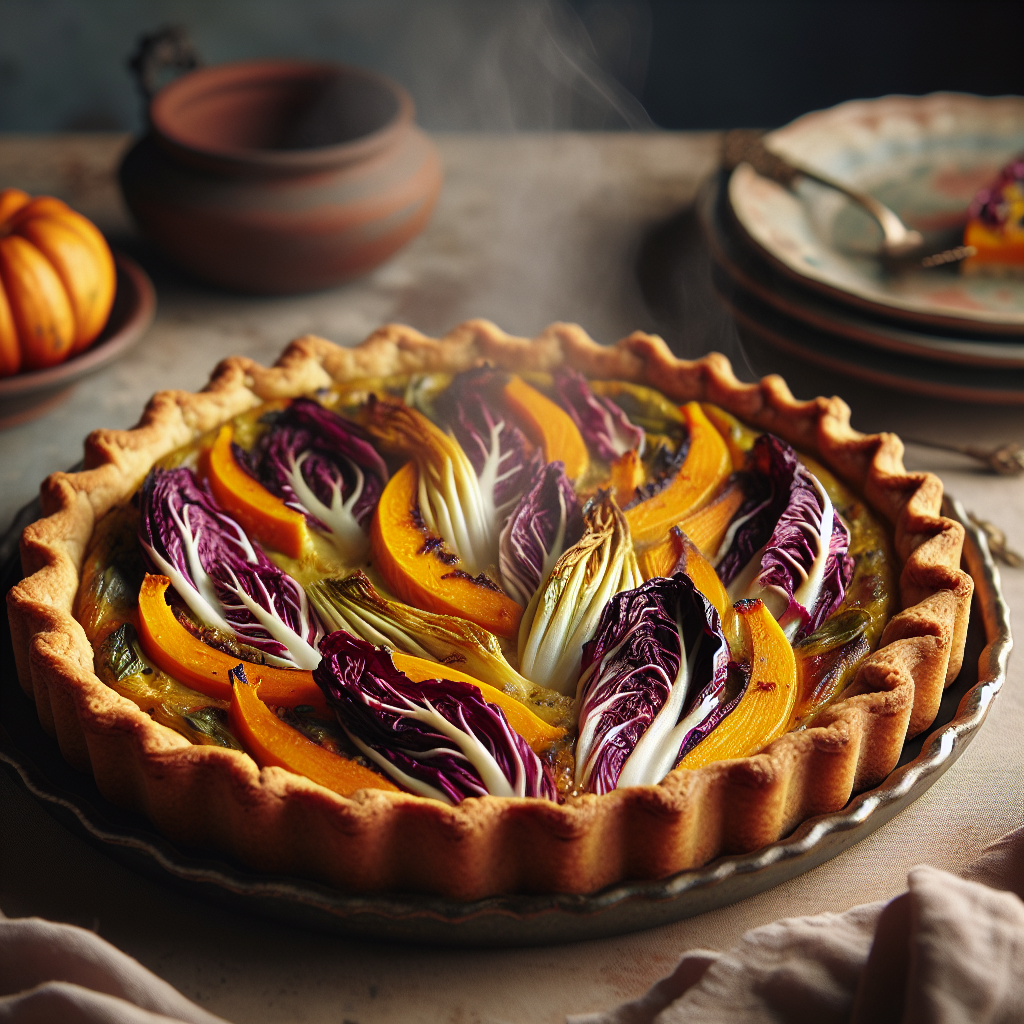 Pumpkin and Radicchio Savory Tart, a delicious vegan Italian dish.