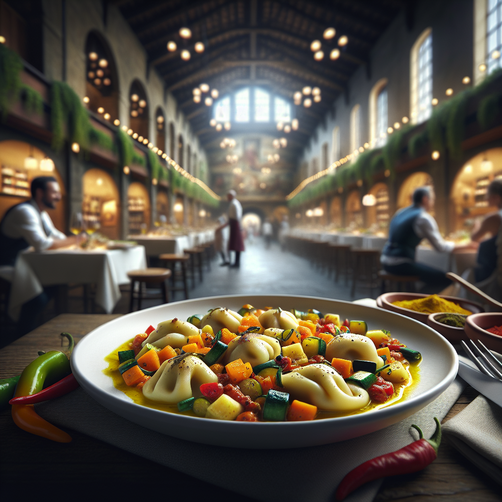 Delicious ricotta gnudi served with colorful vegetable ragù, garnished with saffron sauce.