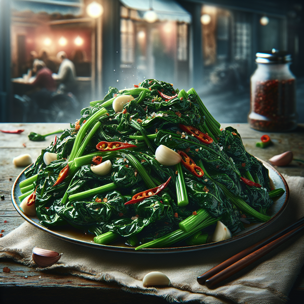 A vibrant dish of sautéed Swiss chard with garlic and chili pepper served on a plate.