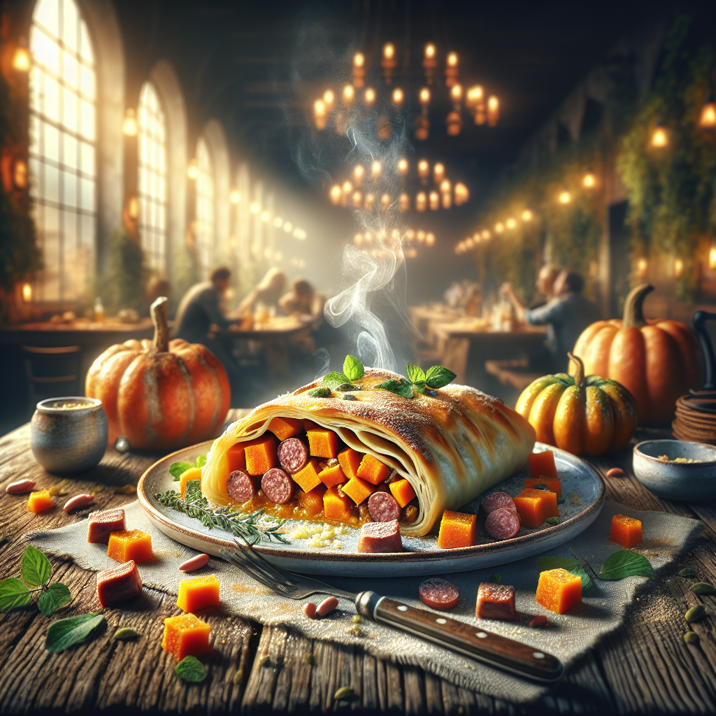 Savory strudel filled with pumpkin and sausage, garnished with herbs.