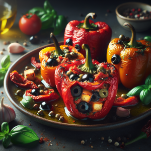 A plate of savoury baked peppers, showcasing vibrant colors and textures, perfect for Italian cuisine lovers.