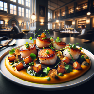 Scallops served on a rich pumpkin cream topped with herbs and crispy speck, a vibrant Italian dish.