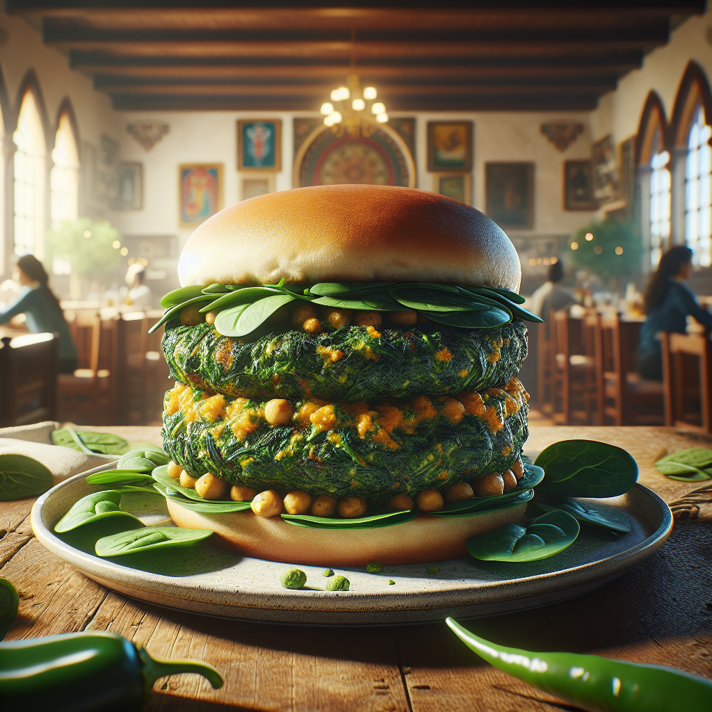 Homemade spinach burger served on a plate with fresh vegetables.