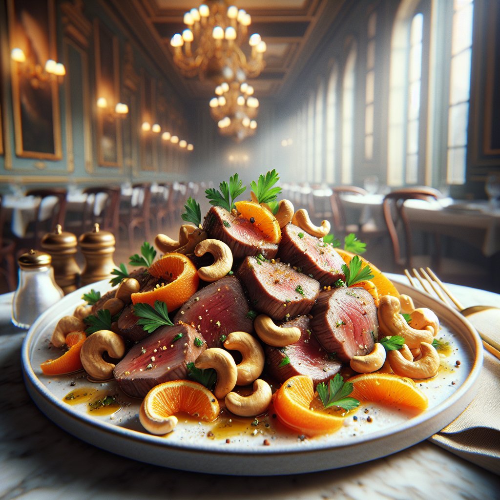 A plate of Straccetti di Vitello with Cashews served with fresh herbs.