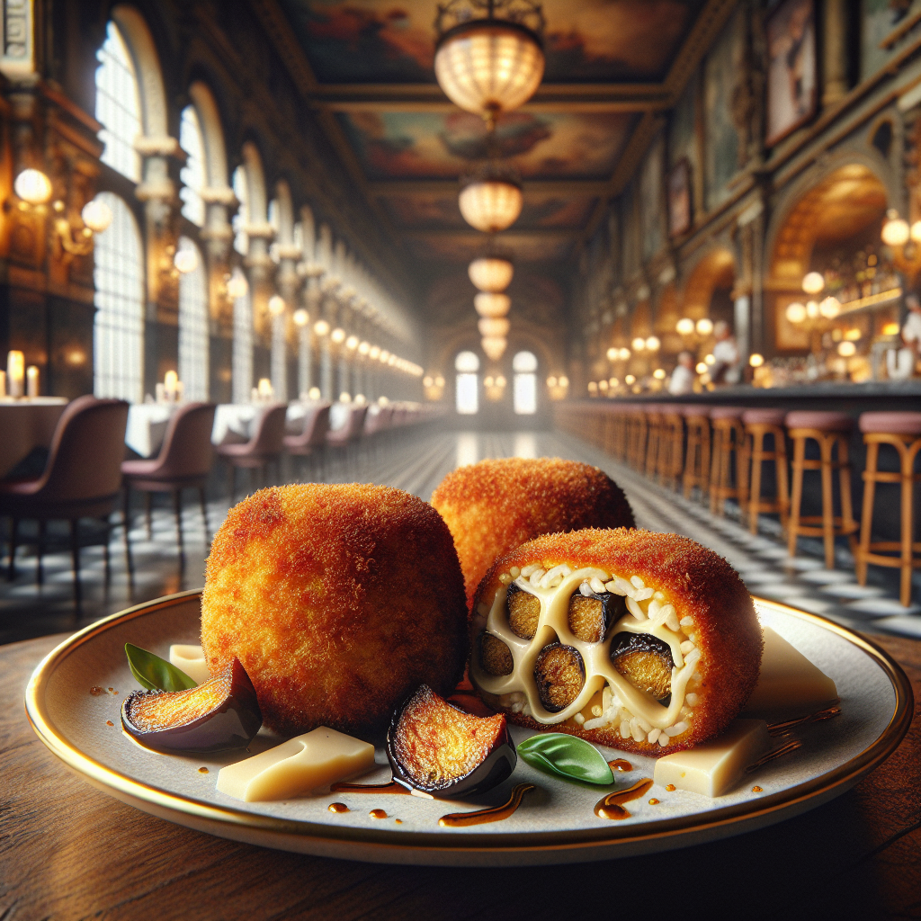 Delicious Supplì alla Norma, Italian rice croquettes with eggplant and smoked cheese.