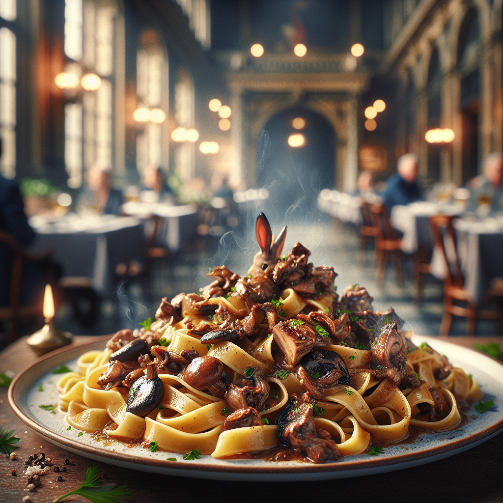 Delicious plate of Tagliolini with Rabbit and Mushroom Ragu topped with parsley.