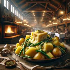 Delicious plate of Taroz, featuring potatoes, green beans, and melted Valtellina Casera cheese.
