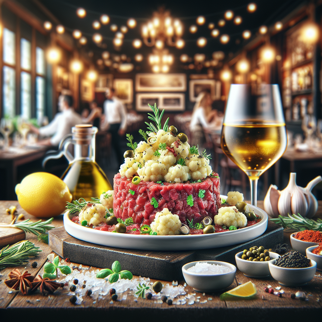 A plate of Tartare of Beef topped with cauliflower cream, garnished beautifully for presentation.