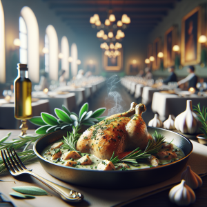 A serving of tender turkey cooked in a pan with herbs and cream, presented on a plate.