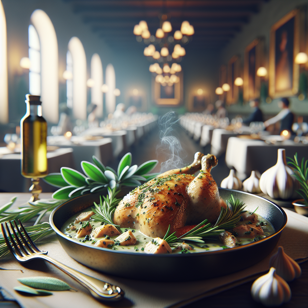 A serving of tender turkey cooked in a pan with herbs and cream, presented on a plate.