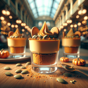 A delightful presentation of Vegan Pumpkin Cheesecake Cups served in elegant glassware, garnished with pumpkin seeds and spices.