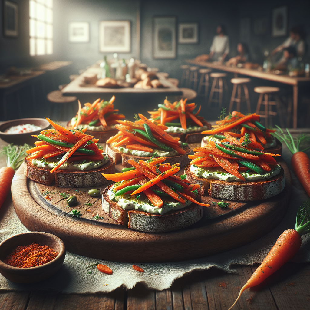 Delicious vegan tartines topped with marinated carrots and creamy vegetable spread, served on a rustic wooden platter.