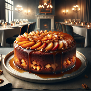 Vegan Upside Down Apple Cake with caramelized apples on top.