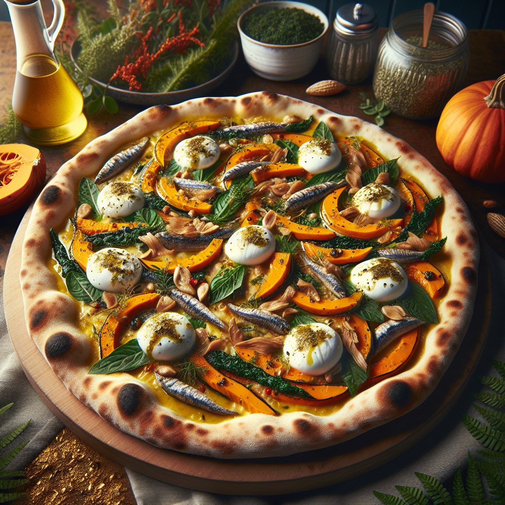 Delicious winter pizza featuring creamy pumpkin, anchovies, and fresh burrata cheese.