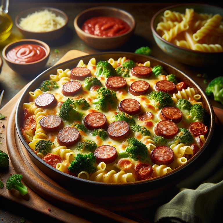 Baked pasta with broccoli and sausage, showcasing melted cheese and hearty ingredients.