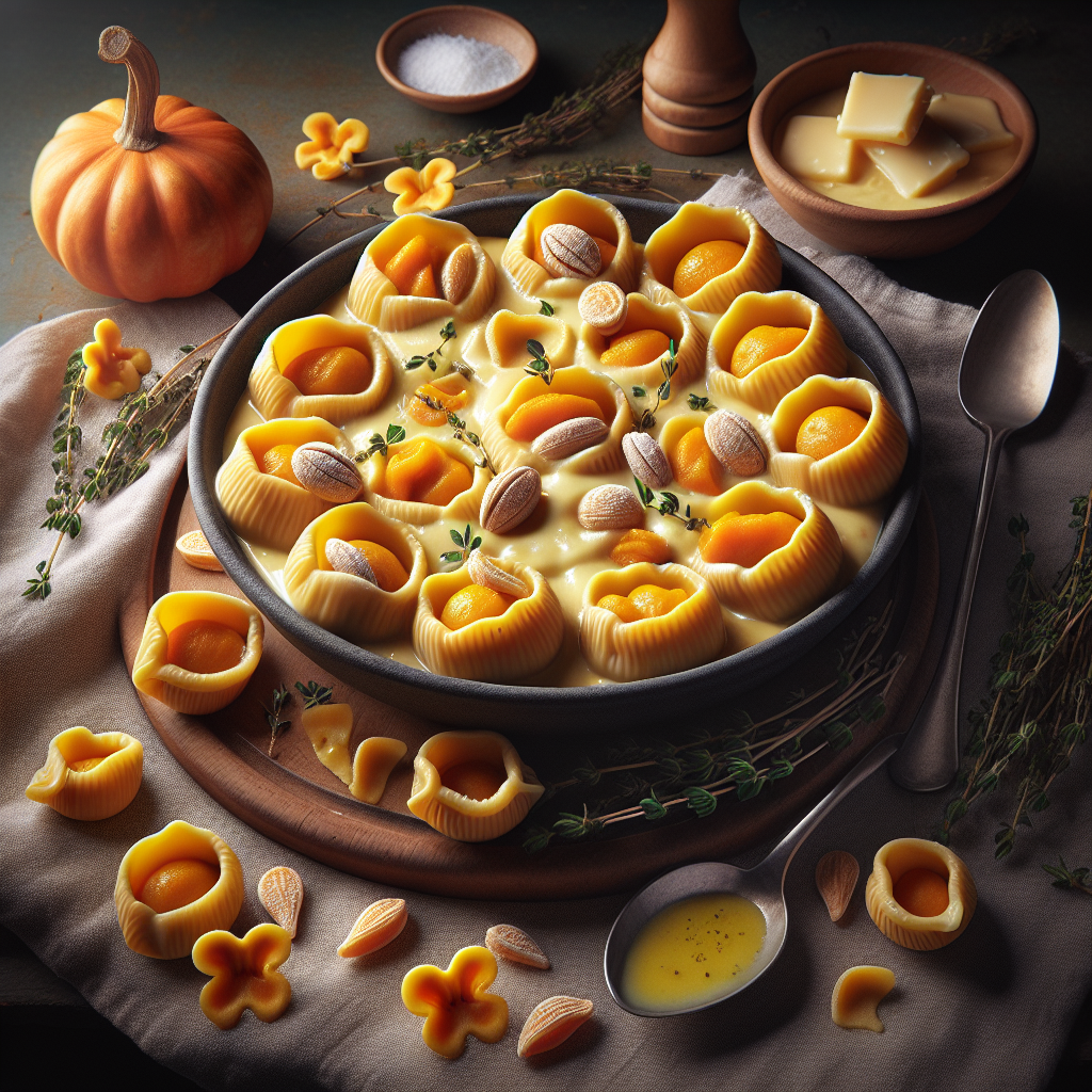 A plate of Cappellacci filled with pumpkin and amaretti on a creamy provolone fondue, garnished with herbs.