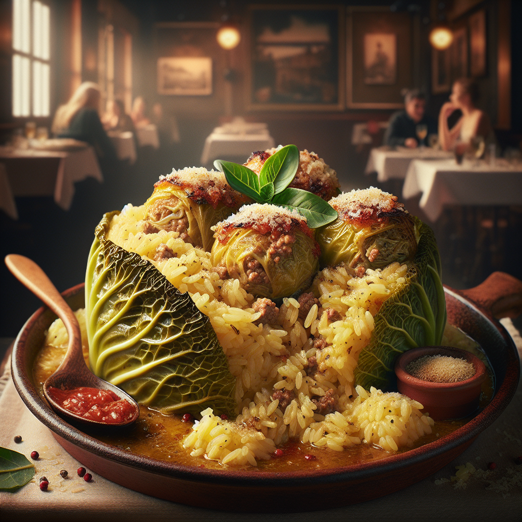 Delicious Capunet with rice, a traditional Italian rolled cabbage dish, baked until golden brown.