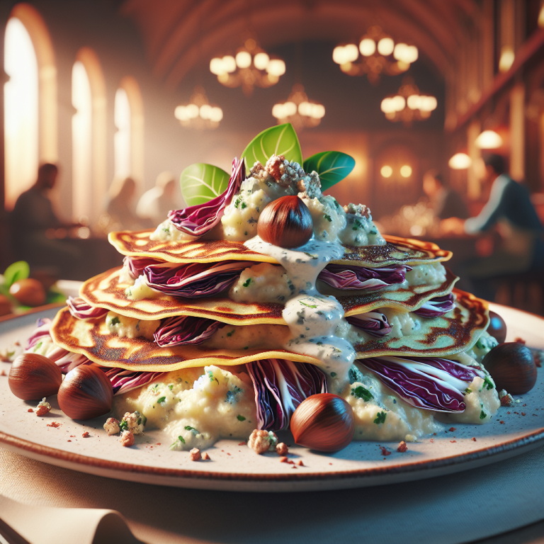 Delicious Chestnut and Radicchio Crepes with Gorgonzola served on a plate, showcasing a rich vegetarian dish.