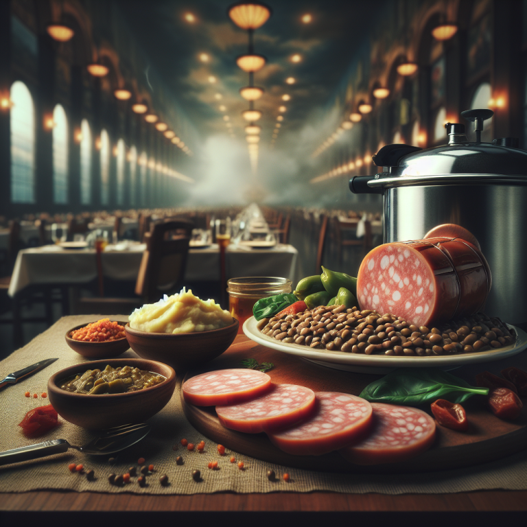 Delicious cotechino cooked in a pressure cooker, served with lentils and mashed potatoes.