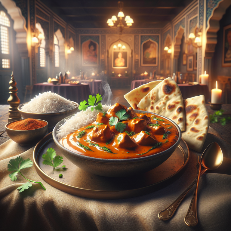 A bowl of creamy Butter Chicken served with naan and basmati rice.