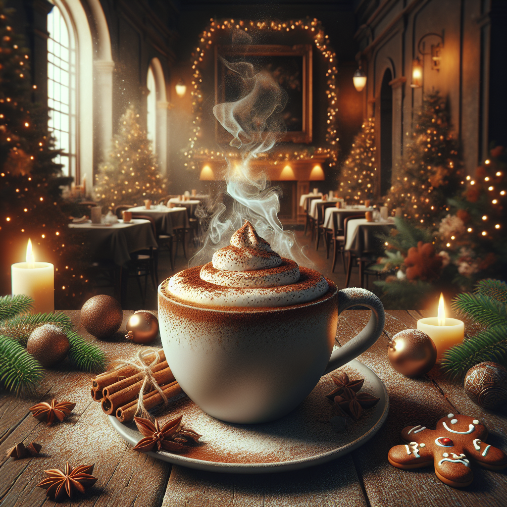 A steaming cup of Gingerbread Latte topped with cocoa, amidst holiday decorations.