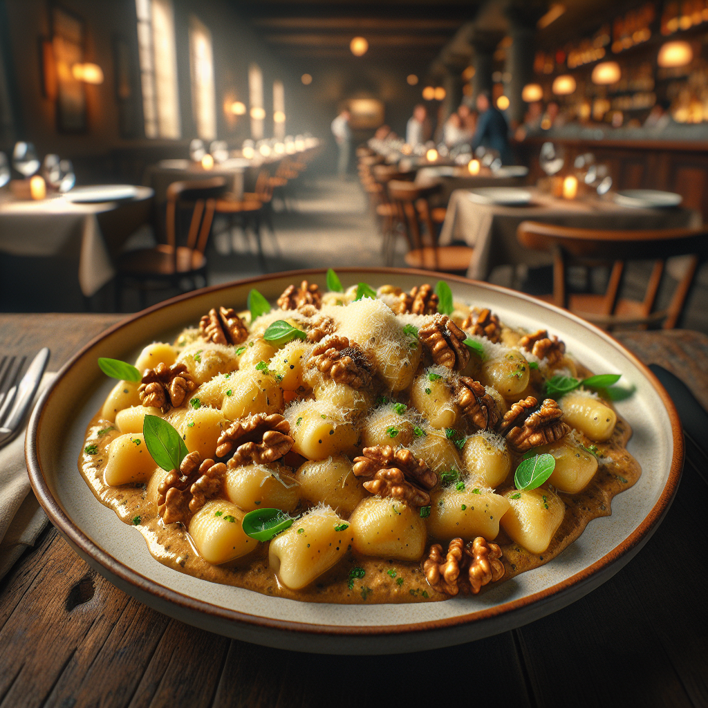 A plate of Gnocchi with Walnut Cream, garnished with fresh herbs.